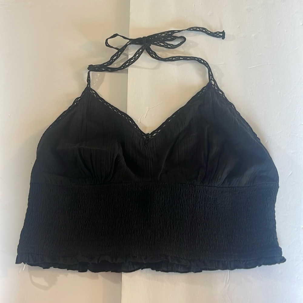 American Eagle - black halter top - smocking and crochet style tie - XL